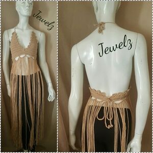 Crochet Fringe Halter Top in Beige